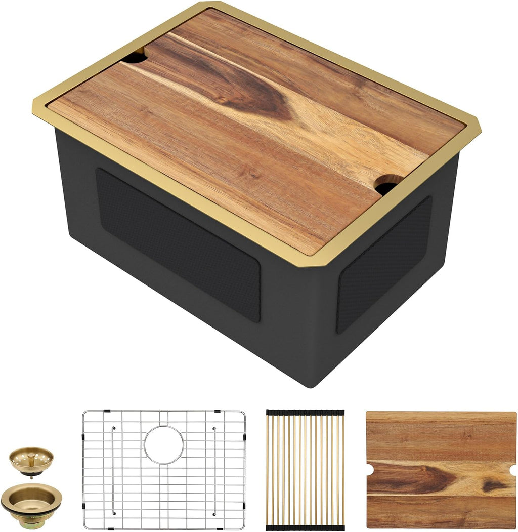 24"x18" Undermount Laundry Utility Sink Workstation – Brushed Gold NANO-PVD, 16 Gauge 304 Stainless Steel, 12 Inch Deep Single Bowl Basin for Laundry Room, RV or Utility Use