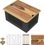 24"x18" Undermount Laundry Utility Sink Workstation – Brushed Gold NANO-PVD, 16 Gauge 304 Stainless Steel, 12 Inch Deep Single Bowl Basin for Laundry Room, RV or Utility Use