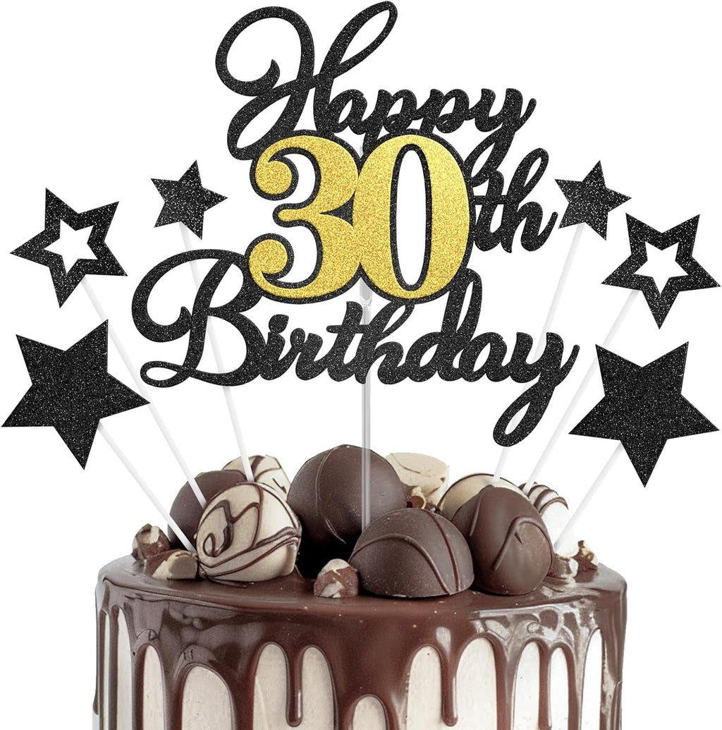 Happy 30th Birthday Cake Toppers, Black Gold Glitter Cake Decorations Set, 30th Birthday Decor for Him Her, Birthday Anniversary Party Decorations Supplies
