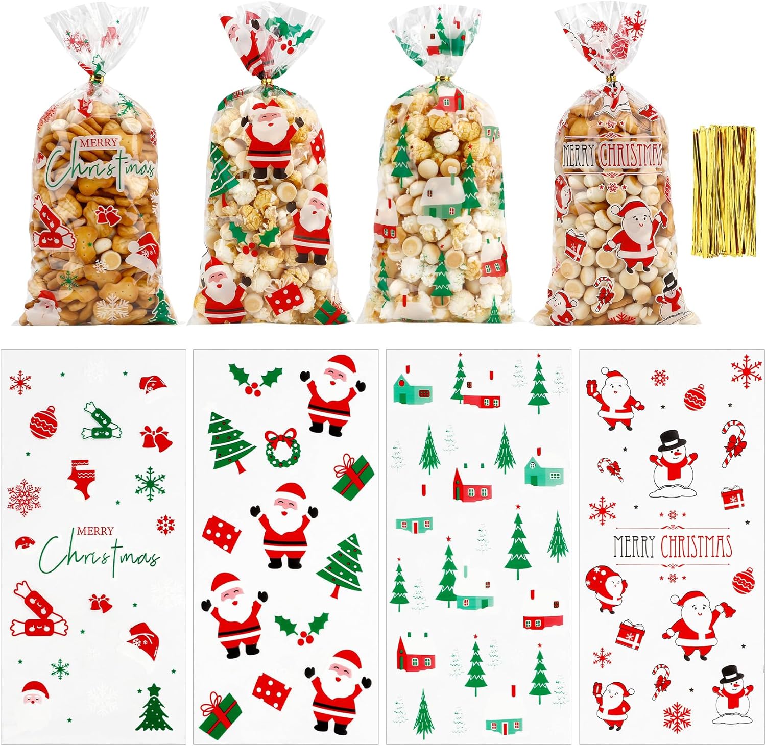 eowqeiur 100 PCS Christmas Cellophane Treat Bags(5x11 Inch) with Ties Plastic Santa Goodie Candy Cookie Loot Gifts Bags Bulk Pouches for Christmas Party Favors Supplies Decorations Holiday Xmas Decor