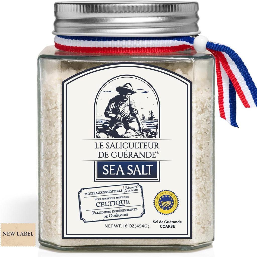 Le Saliculteur de Guerande, Sel Fin, 16oz Unrefined FINE Grey Sea Salt, French Organic Mineral Salt with Glass Jar, PGI-Certified