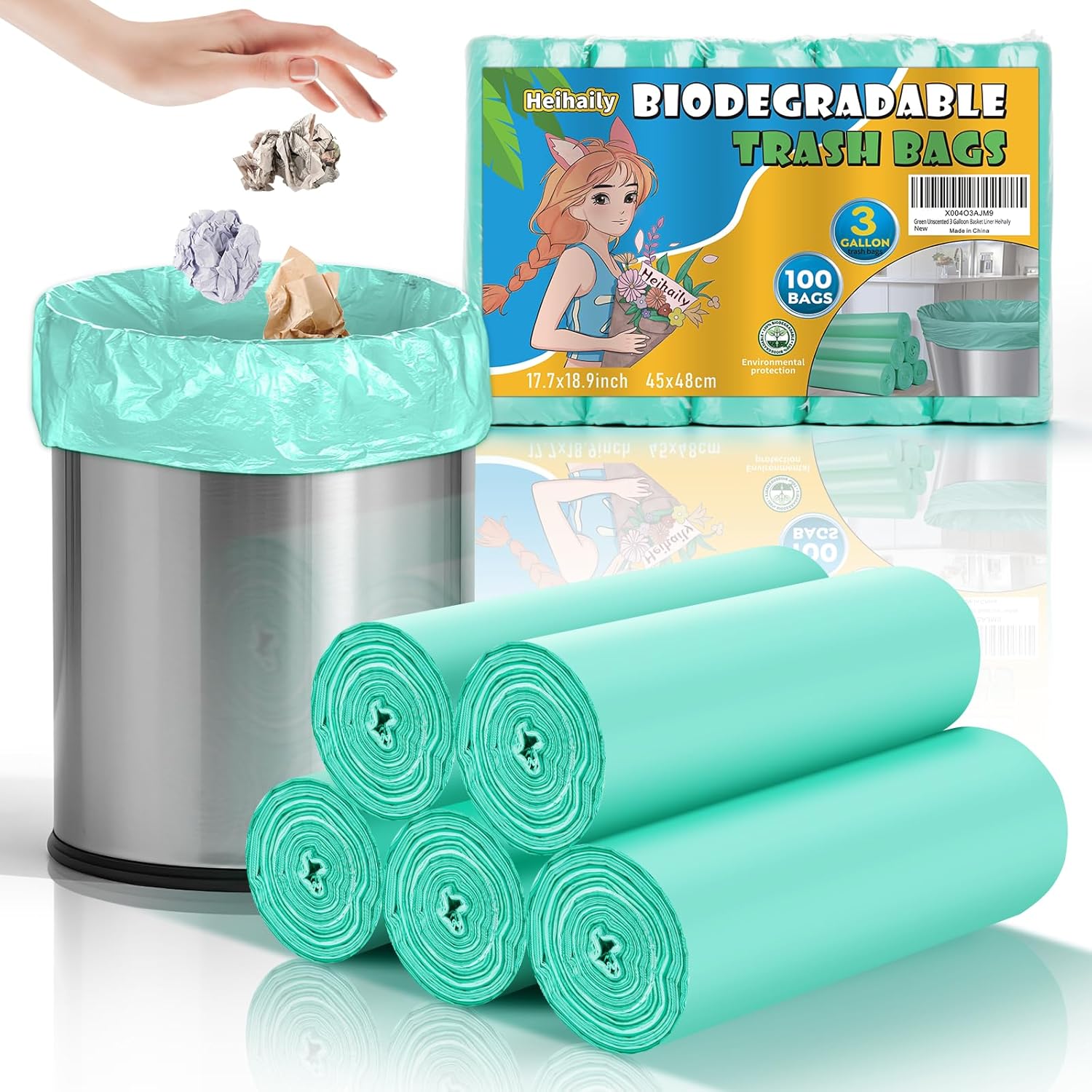 3 Gallon Trash Bag Bathroom Green-Unscented - Small Kitchen Mini Garbage Bags Biodegradable Compostable 100 Count Strong Can Bin Liners for Car Office Bulk Waste Basket Liner Heihaily