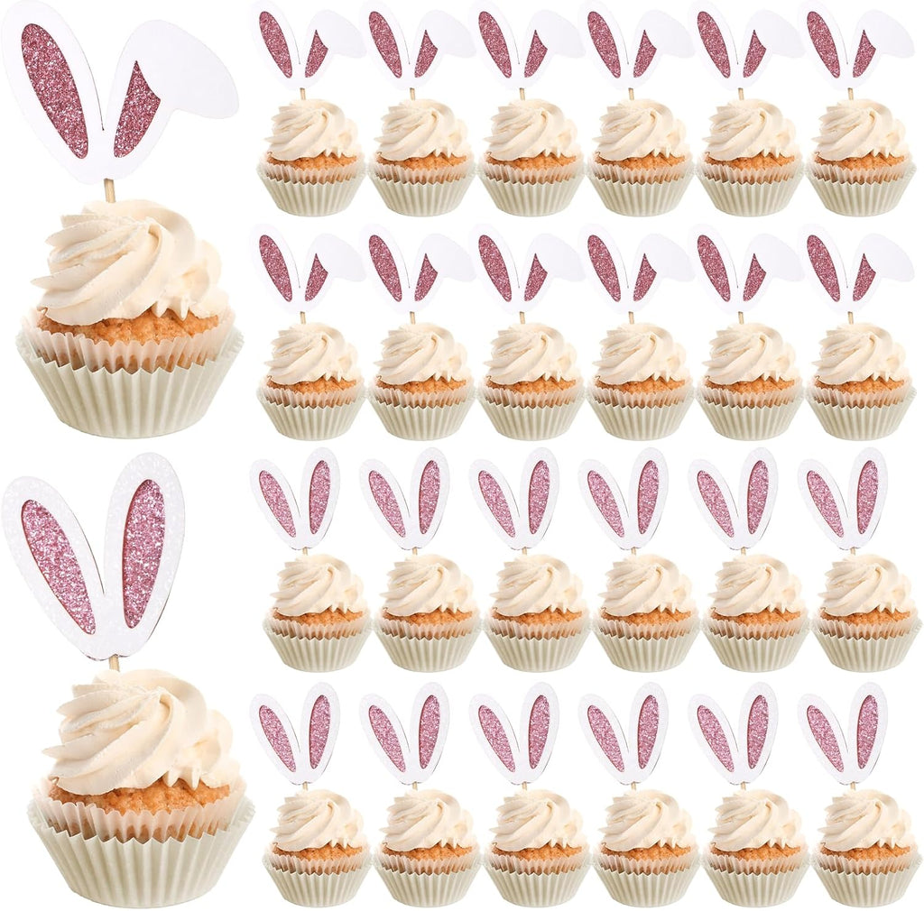 24 Pack Easter Bunny Ear Cupcake Toppers, Easter Day Rabbit Ears Cupcake Picks Glitter Rabbit Ear Cake Toppers for Baby Shower Birthday Party Cake Decorations Supplies