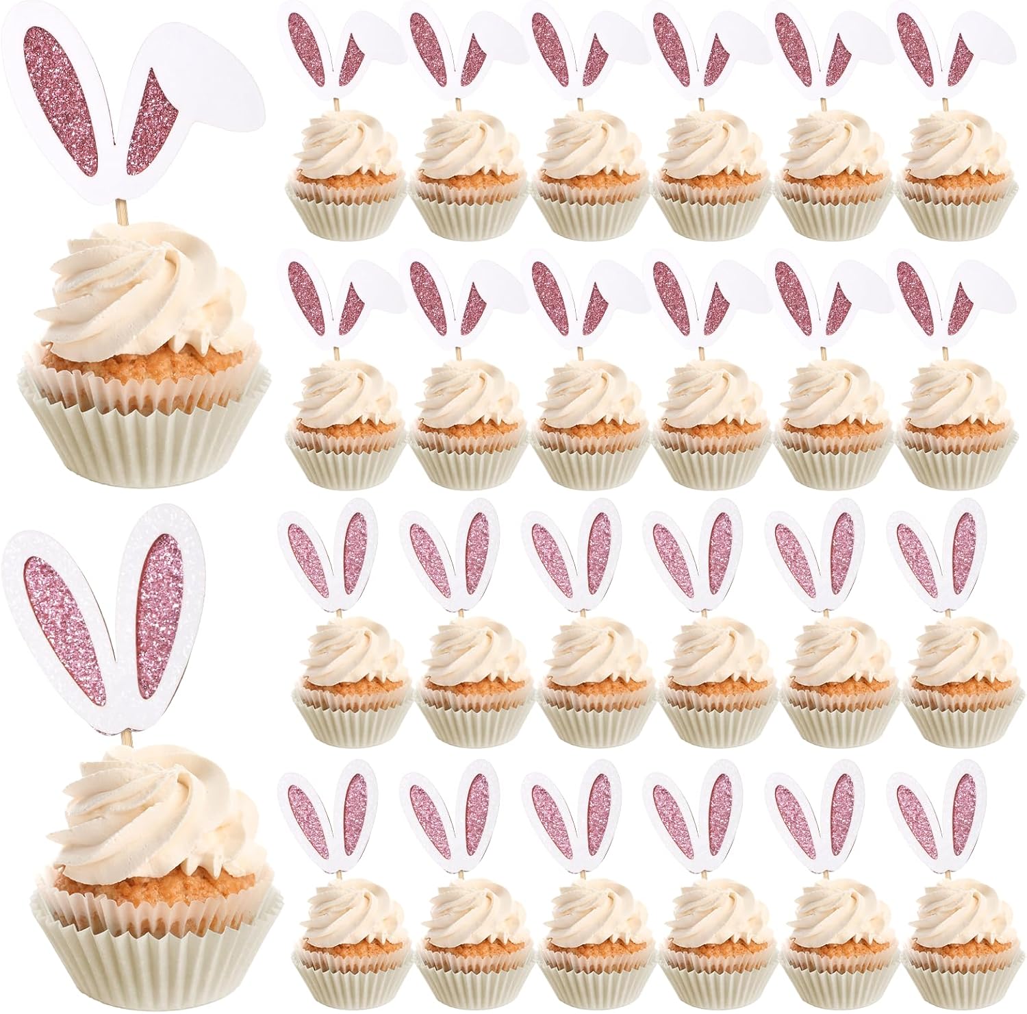 24 Pack Easter Bunny Ear Cupcake Toppers, Easter Day Rabbit Ears Cupcake Picks Glitter Rabbit Ear Cake Toppers for Baby Shower Birthday Party Cake Decorations Supplies
