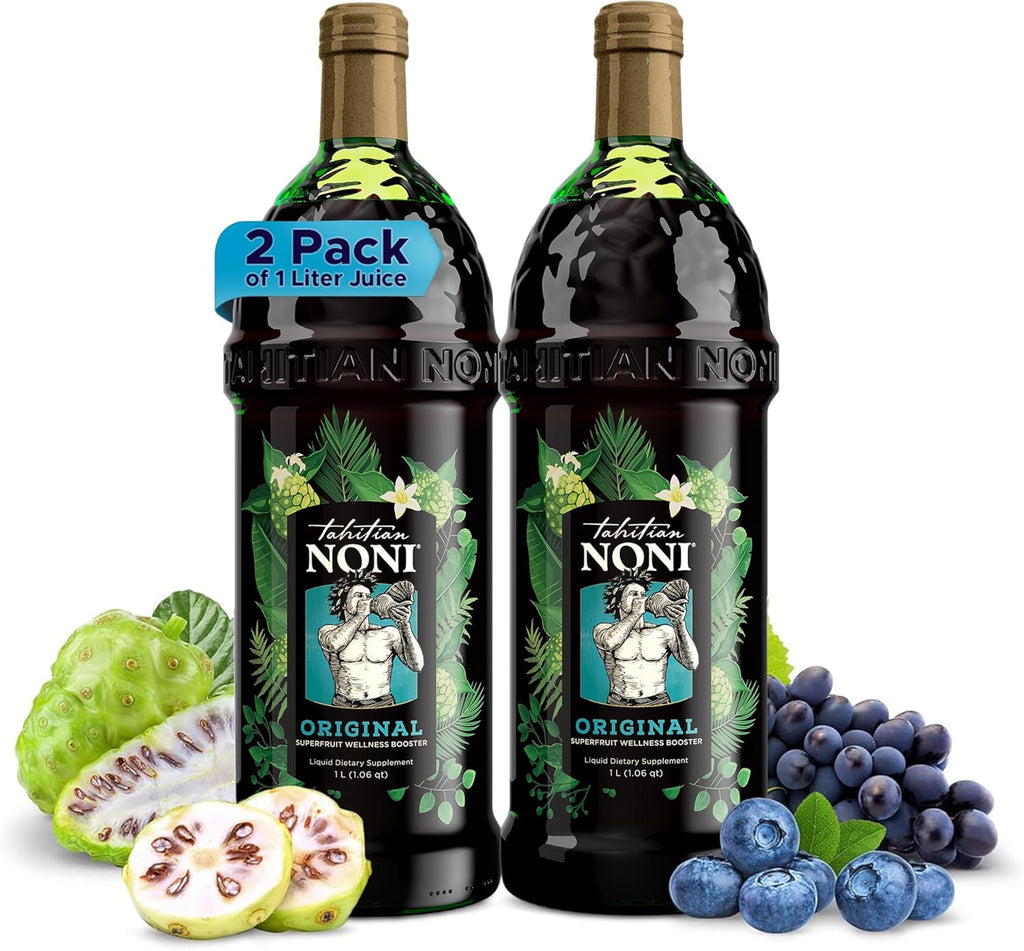TAHITIAN NONI Juice by Morinda, Original and Authentic, Noni Fruit Puree from Tahiti with Natural Blueberry & Grape (Resveratrol), All-Natural Daily Wellness Drink - 2 One Liter Juice Bottles Case