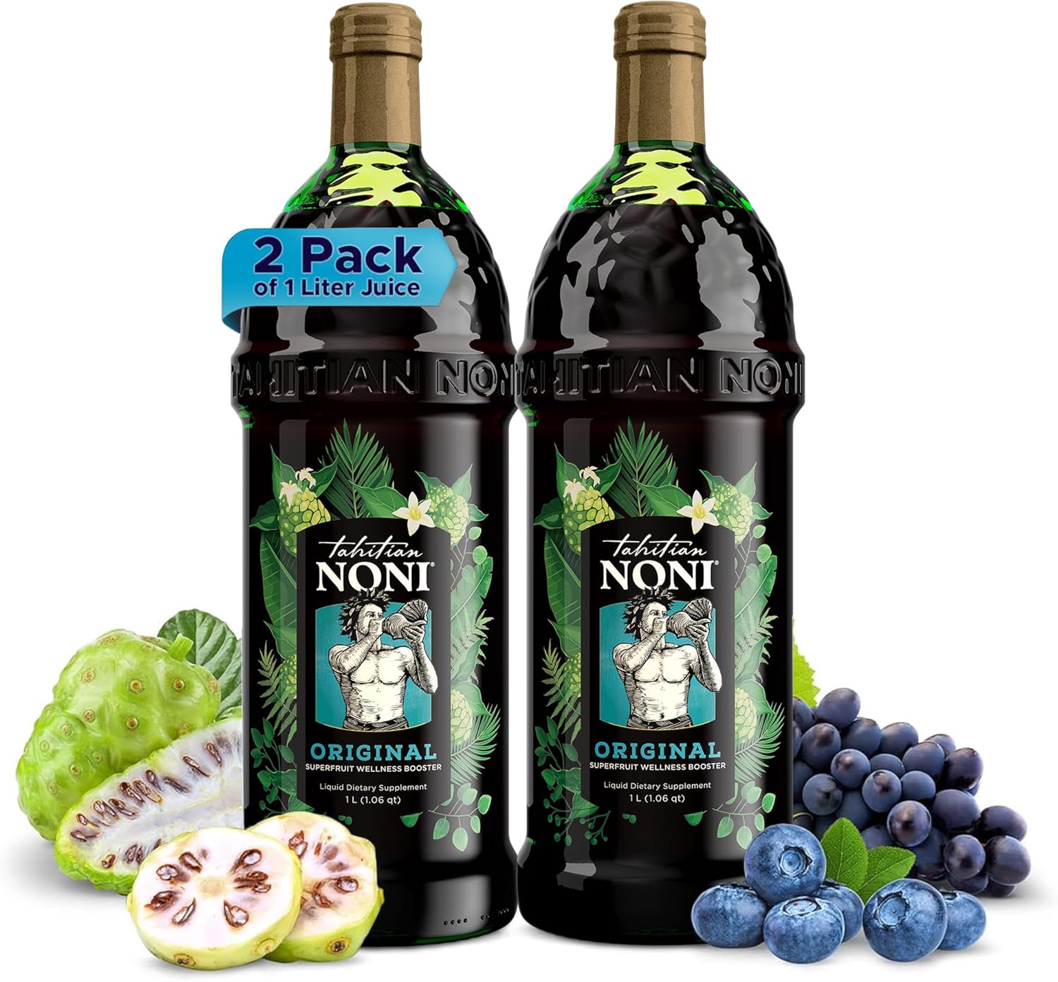TAHITIAN NONI Juice by Morinda, Original and Authentic, Noni Fruit Puree from Tahiti with Natural Blueberry & Grape (Resveratrol), All-Natural Daily Wellness Drink - 2 One Liter Juice Bottles Case