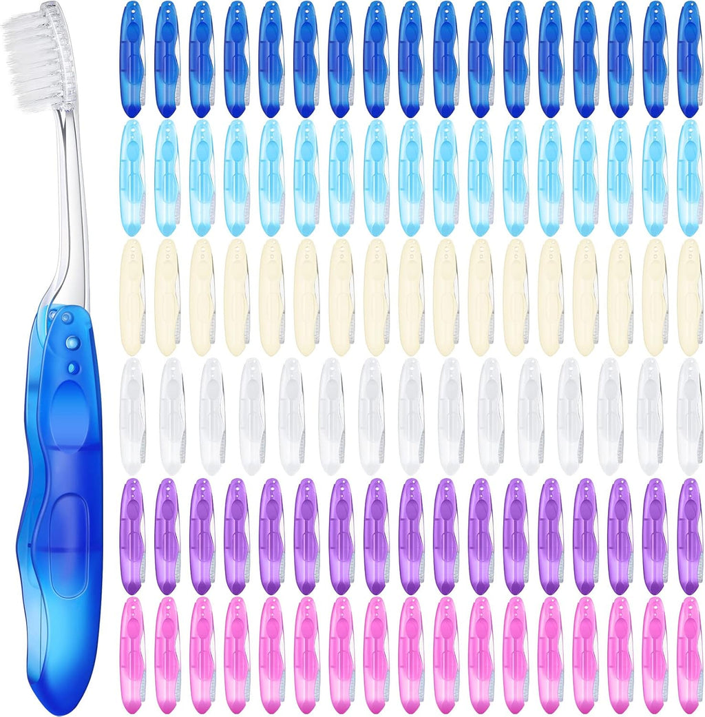 Nuogo 100 Pack Travel Folding Toothbrushes Bulk Portable Pocket Toothbrush Travel Accessories in 6 Colors for Kids Adult Camping Hiking