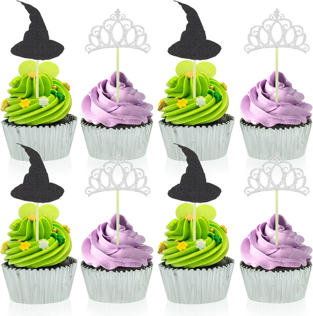 24 Pcs Witch Hat Cupcake Topper Crown Cupcake Topper Halloween Dessert Food Safe Cake Decorations for Halloween Theme Birthday Party Supplies Crafts