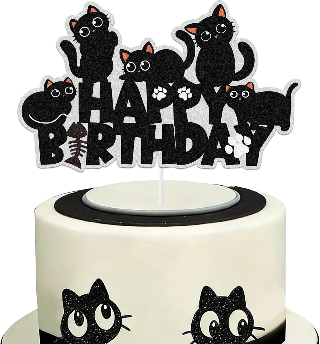 Cute Black Cat Happy Birthday Cake Toppers for Boys Girls Kids, Pet Baby Shower Kitten Meow Party Supplies Favor Glitter Black Cat Themed Birthday Cat Lover Kitten Theme Party Decorations