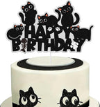 Cute Black Cat Happy Birthday Cake Toppers for Boys Girls Kids, Pet Baby Shower Kitten Meow Party Supplies Favor Glitter Black Cat Themed Birthday Cat Lover Kitten Theme Party Decorations