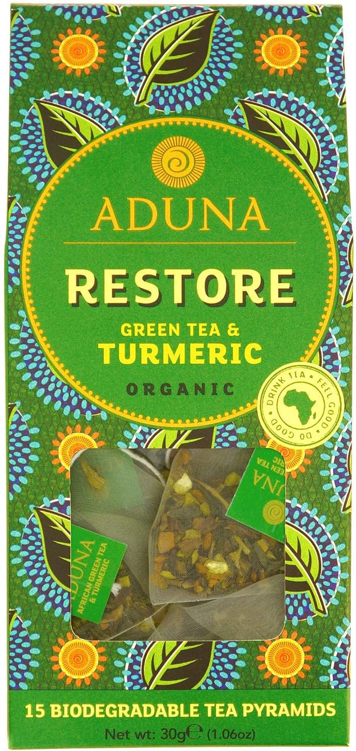 Aduna Organic Restore Green Super Tea | Natural Herbal Infusion With African Green Tea, Turmeric & Citrus | Superfood Tea for Digestive Health & Immunity | 15 Biodegradable Pyramid Bags x 6 Packs