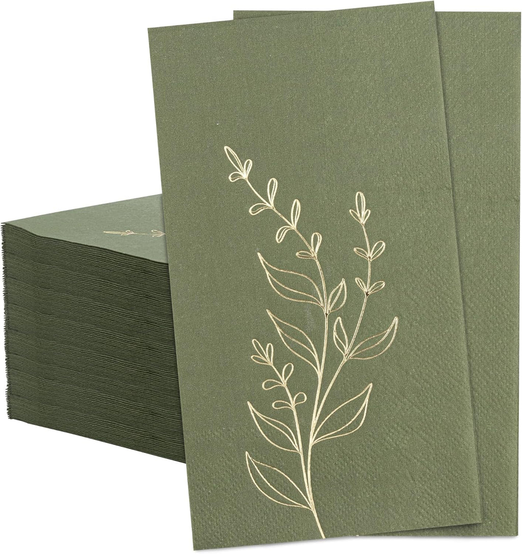 Olive Green Napkins 2- Ply Disposable Dinner Paper Napkin 100 Pcs Gold Foil Leaves Cocktail Napkins for Christmas Dinner Picnic Birthday Wedding Party