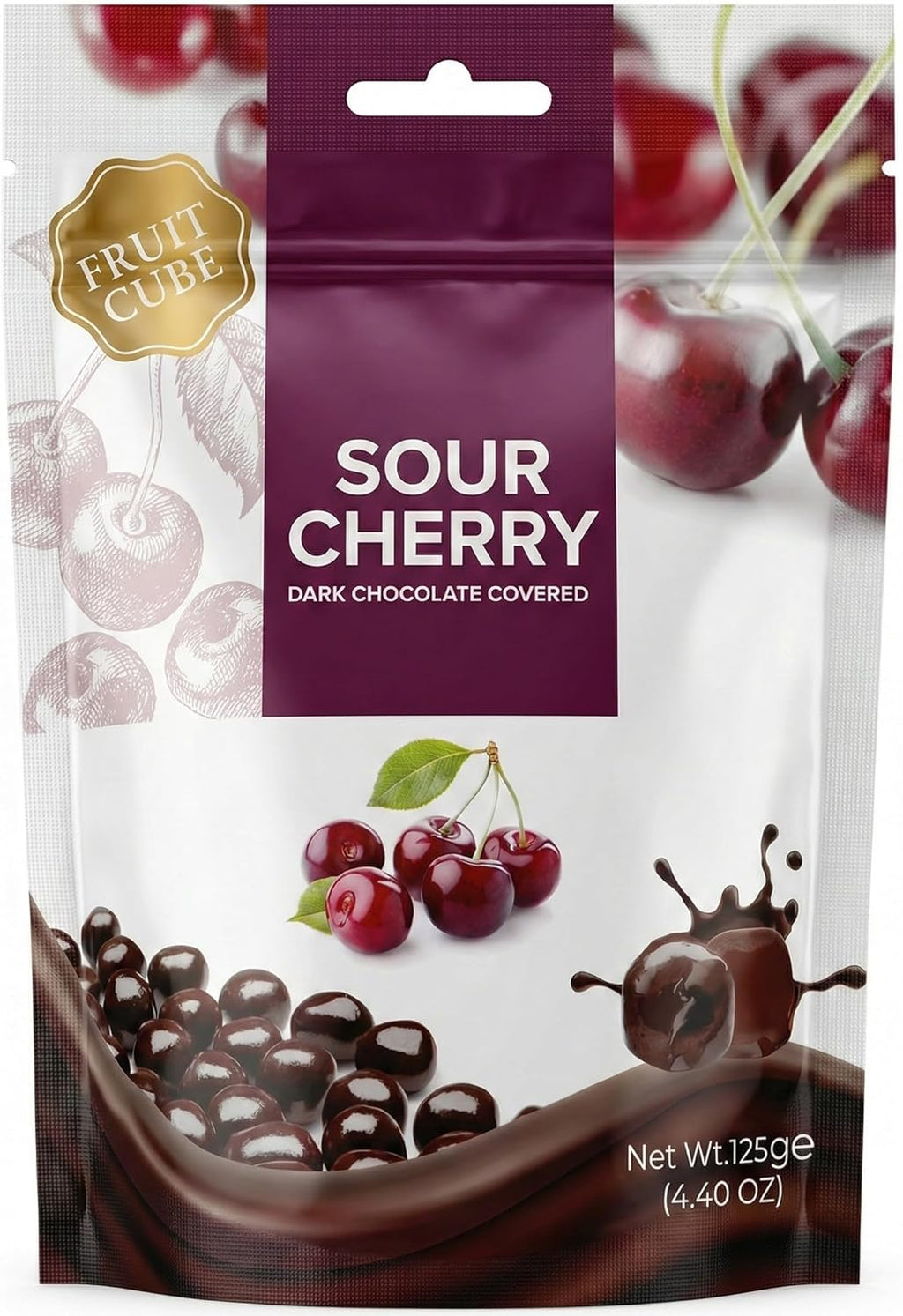 Dark Chocolate Covered Sour Cherry Cubes, 4.4 oz (125g), Sour Cherry Chocolate Dragee, Resealable Bag