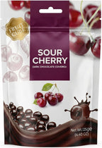 Dark Chocolate Covered Sour Cherry Cubes, 4.4 oz (125g), Sour Cherry Chocolate Dragee, Resealable Bag