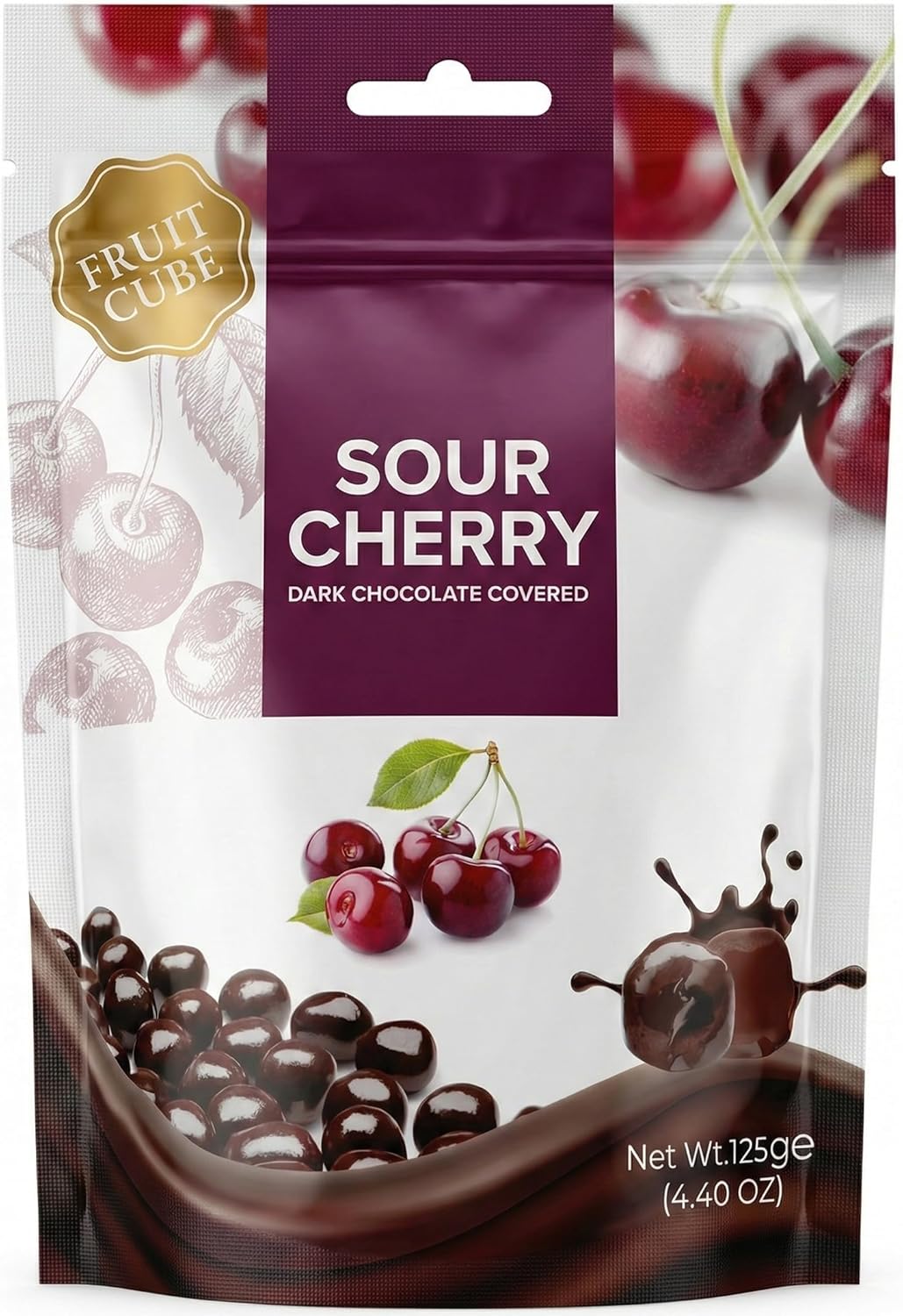 Dark Chocolate Covered Sour Cherry Cubes, 4.4 oz (125g), Sour Cherry Chocolate Dragee, Resealable Bag