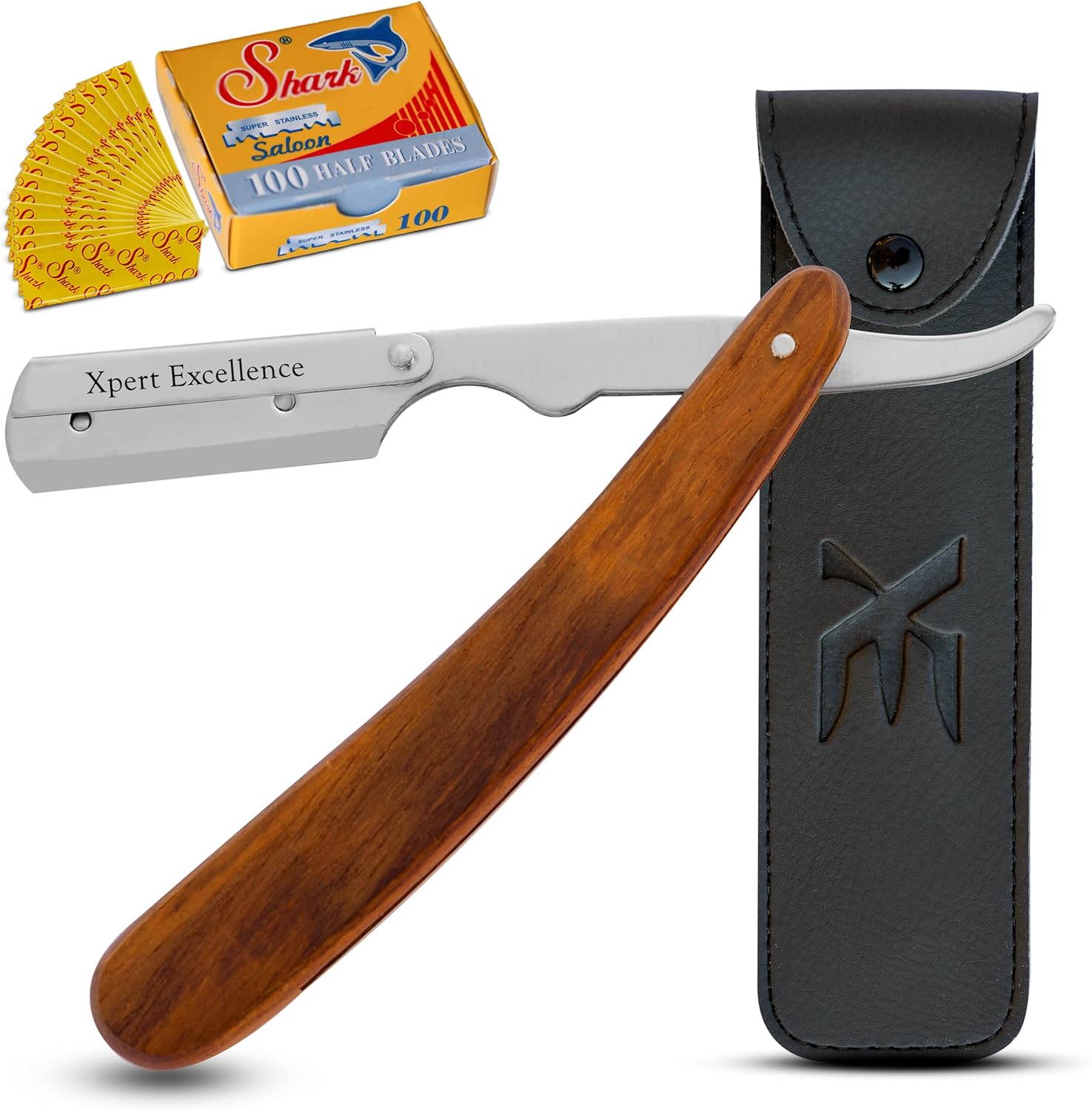 XE Barber Cut Throat Razor Kit with 100 Baldes– Single Blade Barber Shaping Razor with Wooden Handle Straight Edge Cut Throat Razor – Ideal Beard and Moustache Shaving Razor