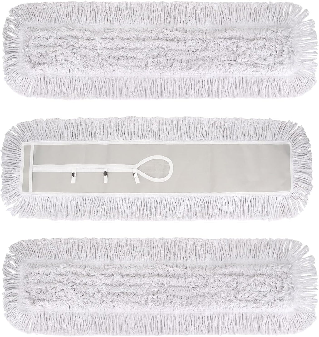 36 Inch Dust Mop Head: Replacement Medium Washable Commercial Mop Head Sweeper and Janitorial Replacement with Botton (White - 36 Inch, 3 Pack, Botton)