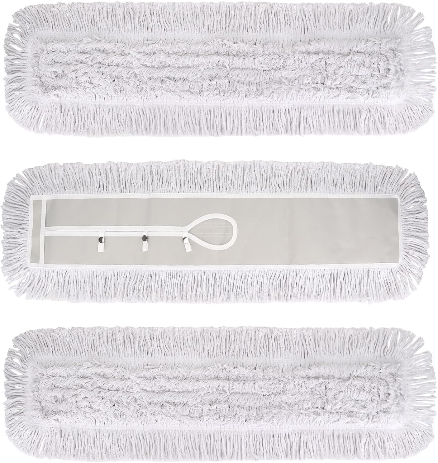 36 Inch Dust Mop Head: Replacement Medium Washable Commercial Mop Head Sweeper and Janitorial Replacement with Botton (White - 36 Inch, 3 Pack, Botton)