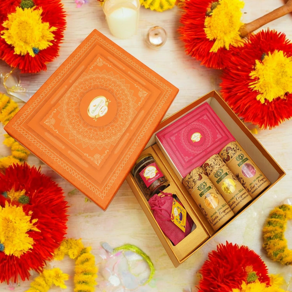 Ghasitaram Gifts Jaiccha Holi- Sweets/Holi Hampers/Thandai Orange Hamper Box of Gujiyas, Sweets/ Bites, Dryfruits, Thandai and Organic Gulal