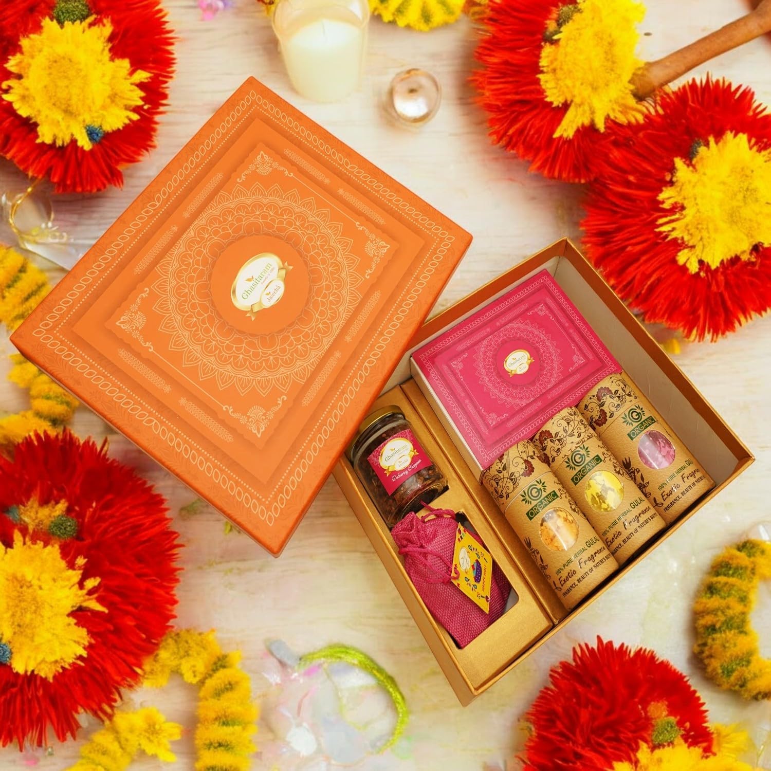 Ghasitaram Gifts Jaiccha Holi- Sweets/Holi Hampers/Thandai Orange Hamper Box of Gujiyas, Sweets/ Bites, Dryfruits, Thandai and Organic Gulal