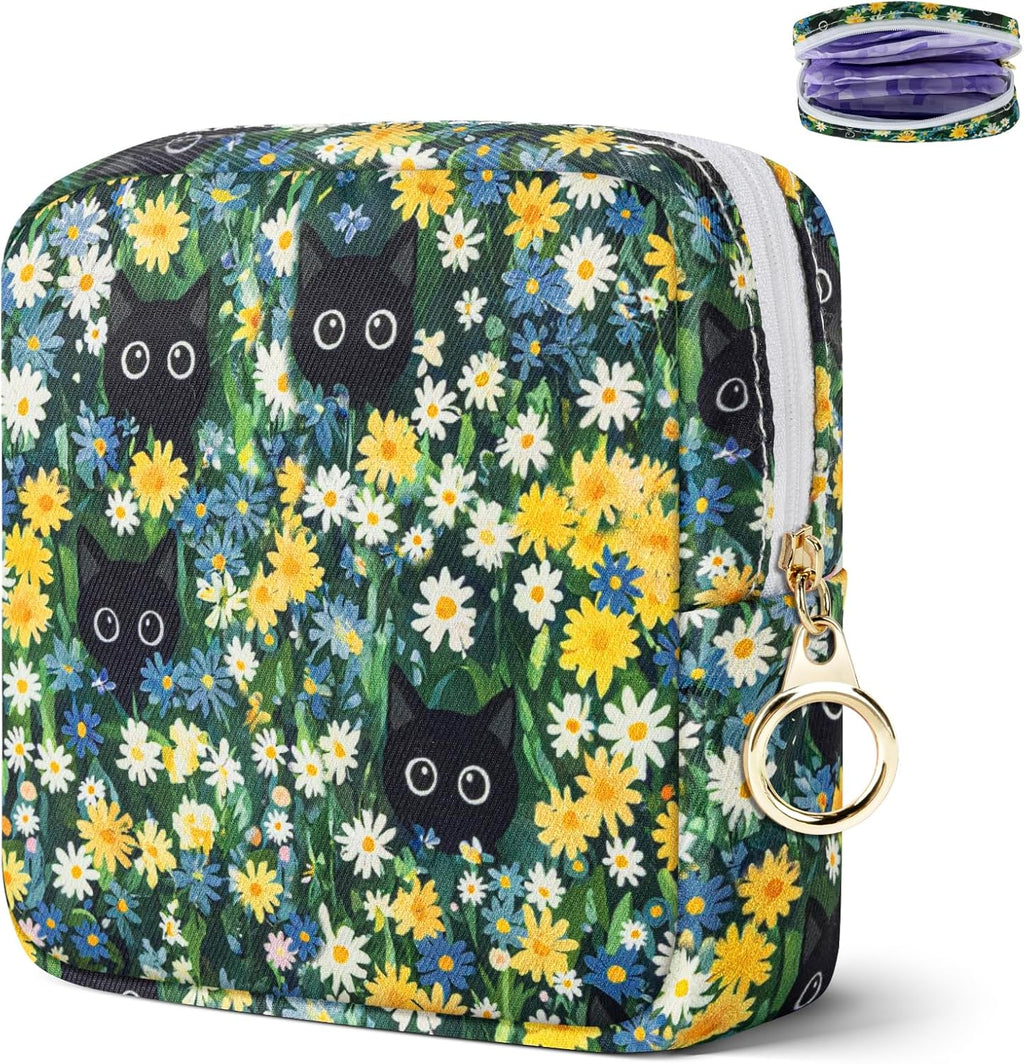 Likesing Tampon Holder for Purse, Canvas Period Bag Sanitary Napkin Storage Bag for Girls Womens, Portable Feminine Emergency Pad Period Pouch(Daisy Black Cat)