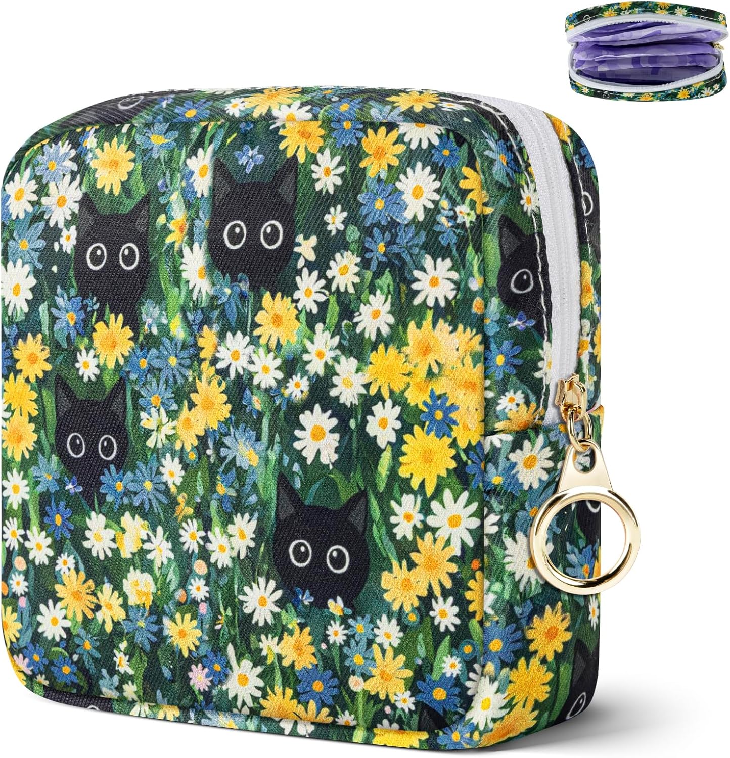 Likesing Tampon Holder for Purse, Canvas Period Bag Sanitary Napkin Storage Bag for Girls Womens, Portable Feminine Emergency Pad Period Pouch(Daisy Black Cat)