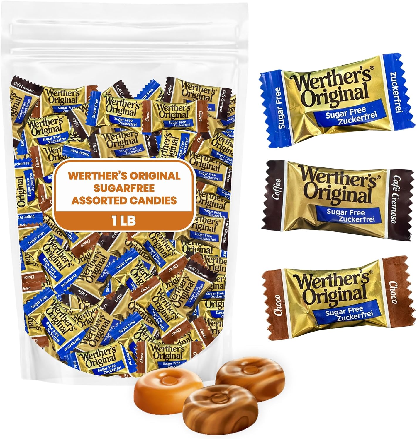 Werthers Original Hard Candy - 1lb Variety Pack of Individually Wrapped Sugar-Free Chocolate, Coffee & Caramel Candy, Guilt-free Zero Sugar Snacks Perfect for Candy Dish & Holiday Gift Bag