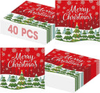 40 Pcs Merry Christmas Napkins - 13 Inch Christmas Cocktail Napkins Bulk, 3-Ply Red Disposable Xmas Tree Snowflakes Paper Hand Towels Tableware Set for Xmas Party Table Decorations Supplies Favors