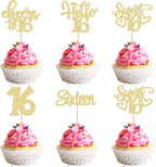 30pcs 16th Birthday Cupcake Toppers - Sixteen Happy 16th Cupcake Picks - Cheers to Sweet 16 Cake Decorations - Gold Glitter