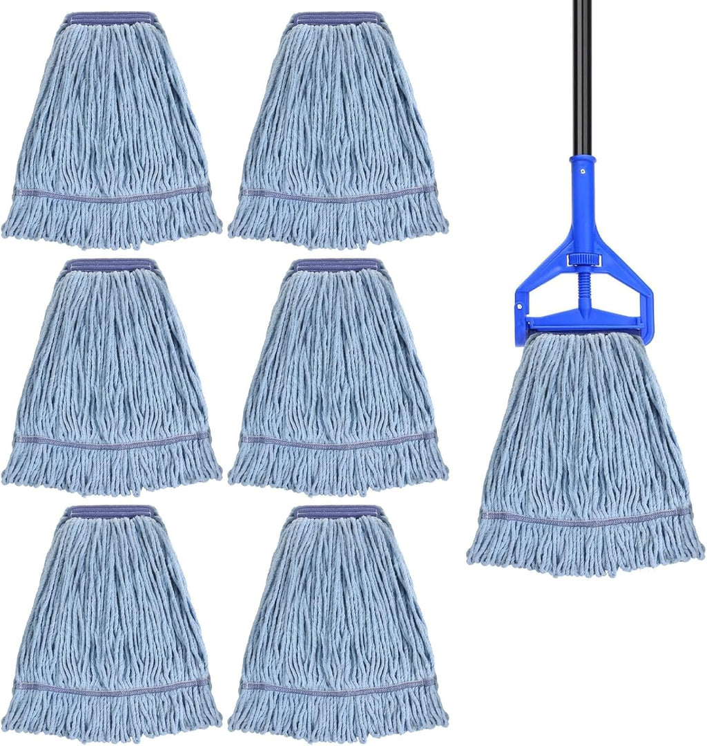 6 Pack Mop Head Replacement Commercial Heavy Duty Cotton Blue Mop Heads Replacement Reusable Looped End String Mop Refill for Industrial Residential Use