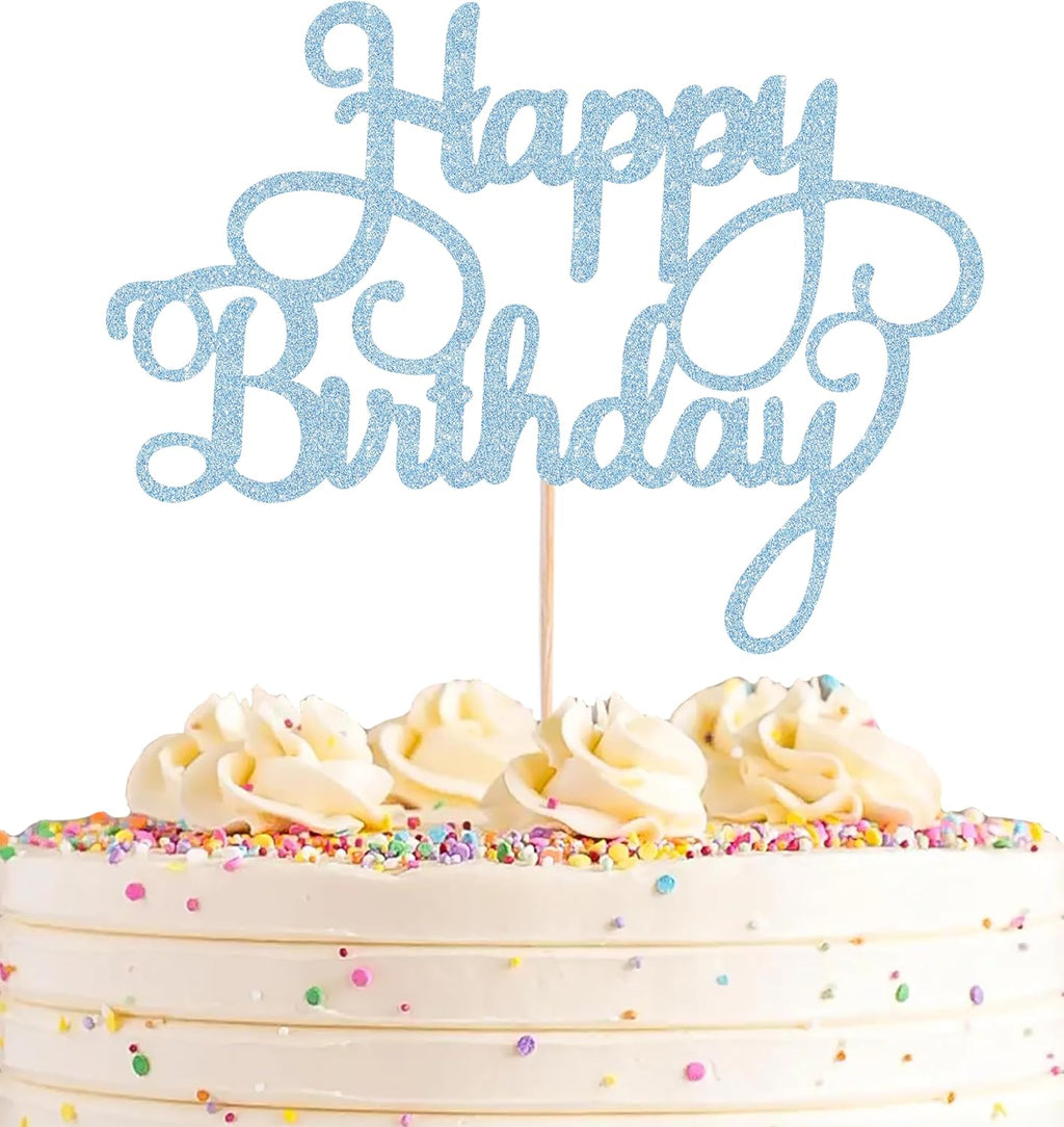 Happy Birthday Cake Topper - Light Blue Glitter Happy Birthday Cake Bunting Decor - Birthday Party Cake Decoration Supplies, for Photo Booth Props