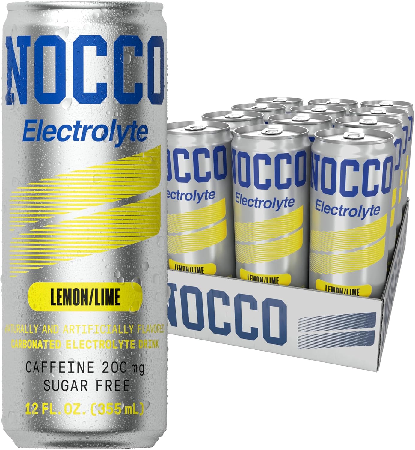 NOCCO Zero Sugar Electrolyte Drink, Lemon/Lime - 12 Fl Oz (Pack of 12) - 200mg Caffeine, Sugar Free with Electrolytes, Carbonated & Low Calorie, B Vitamins, Grab & Go Performance Drink