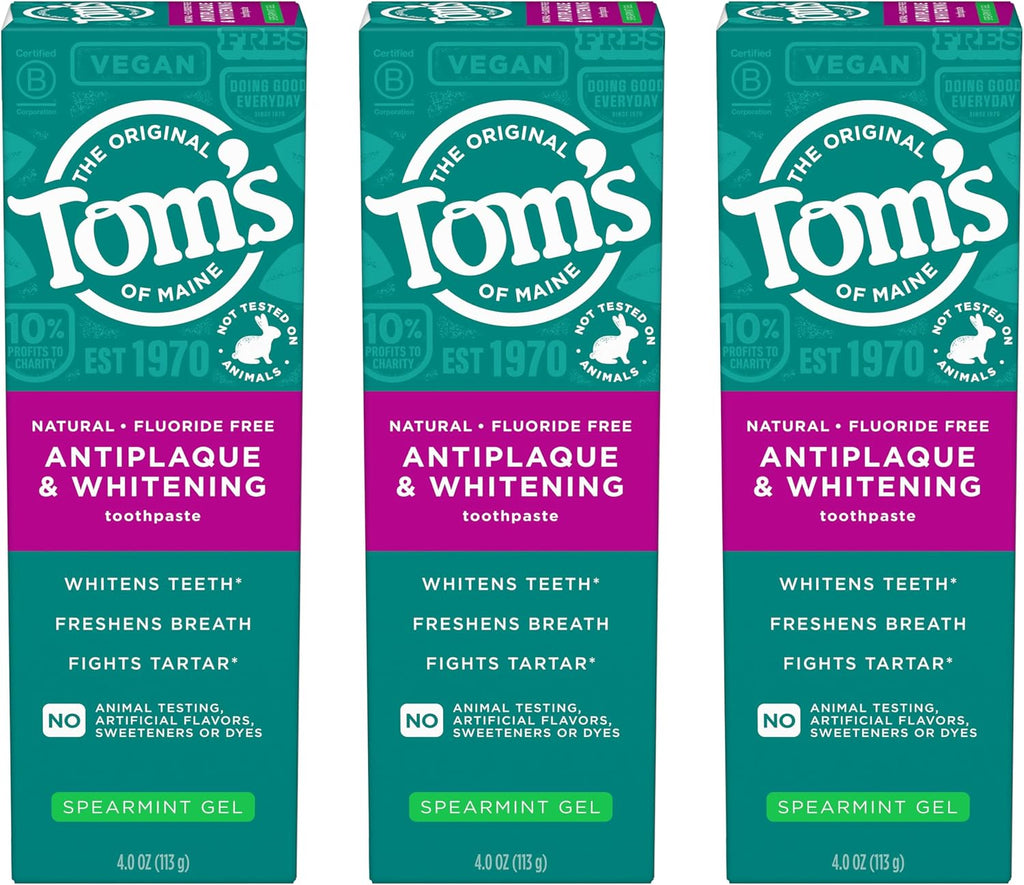 Tom's of Maine Antiplaque and Whitening Fluoride Free Natural Toothpaste Gel, Vegan, Spearmint, 4 Ounces (3 Pack)