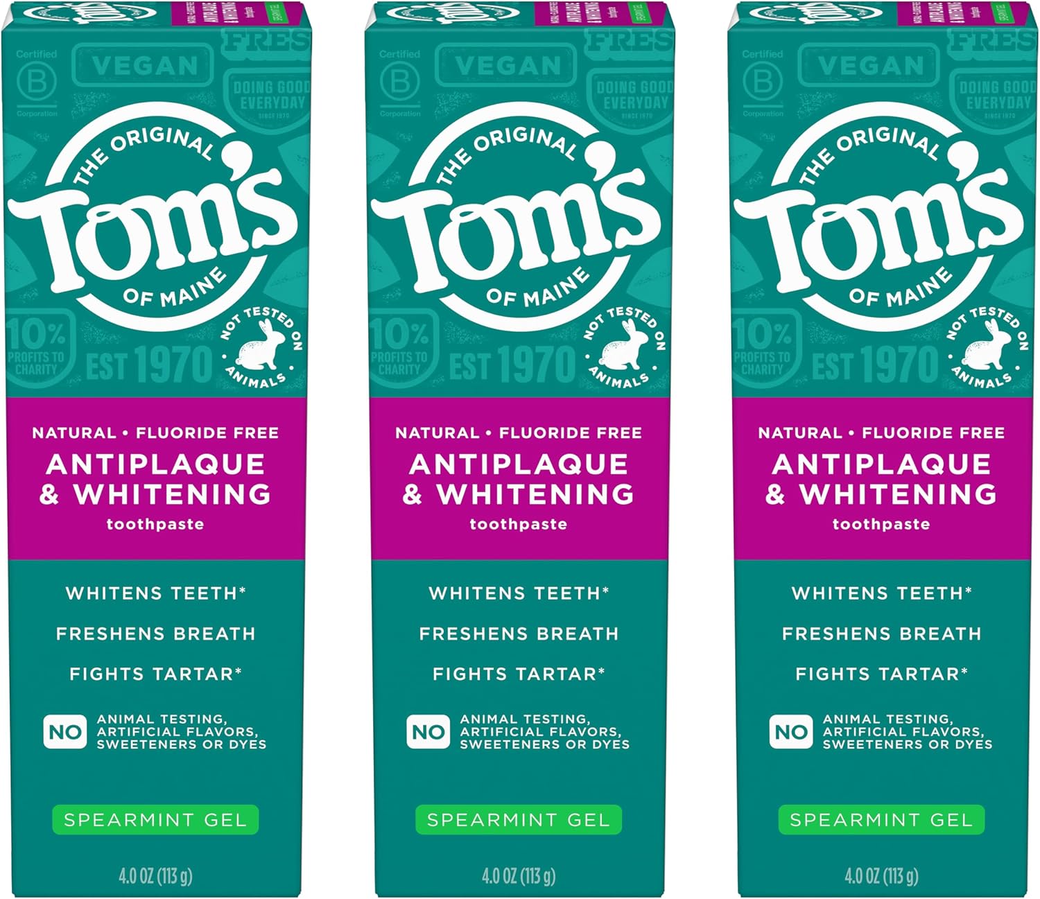 Tom's of Maine Antiplaque and Whitening Fluoride Free Natural Toothpaste Gel, Vegan, Spearmint, 4 Ounces (3 Pack)