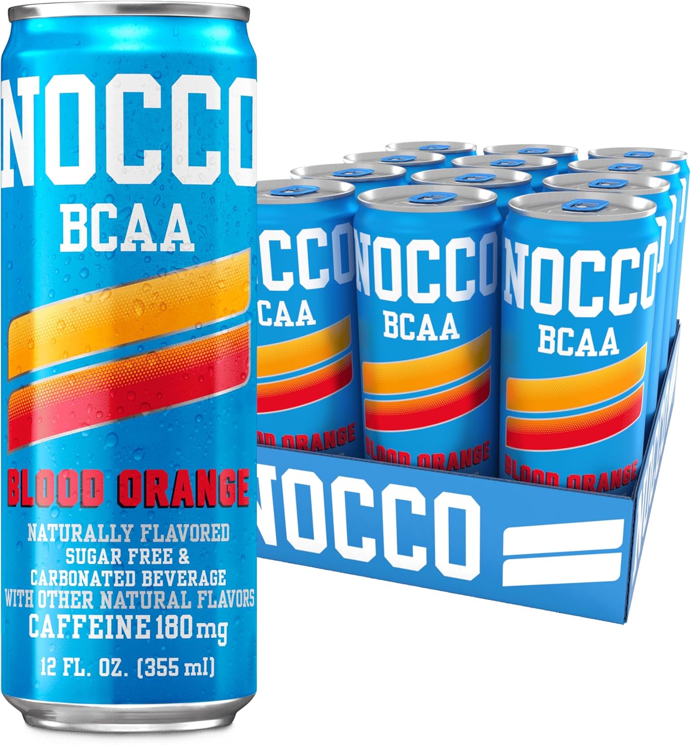 NOCCO Zero Sugar Energy Drink, Blood Orange - 12 Fl Oz (Pack of 12) - 180mg Caffeine, Sugar Free, BCAAs - Branched Chain Amino Acids, Carbonated & Low Cal, B Vitamins, Grab & Go Performance Beverage