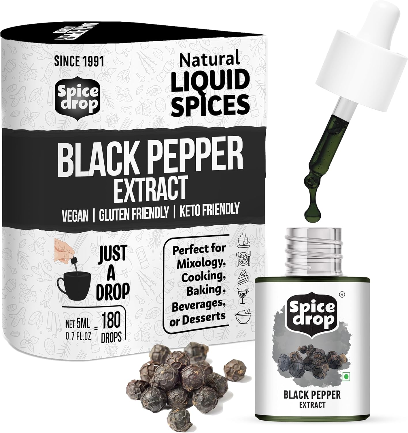 Spice Drop Black Pepper Natural Spice Extract For Soups, Dishes, and Beverages | Authentic Taste | Made From Peppercorns | 5ml (180 Drops equivalent to 40 grams powder) | Vegan | Natural Herbs Extract | Non-GMO