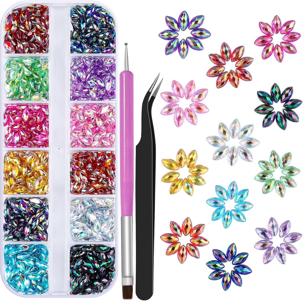 960Pcs Horse Eye Nail Rhinestones, 12 Colors Sparkling Shiny Crystal AB 3D Flatback Gems Shiny Nail Diamonds with Tweezers and Dual-end Brush for Crafts DIY, Face Makeup Gems Jewels (10-K1)