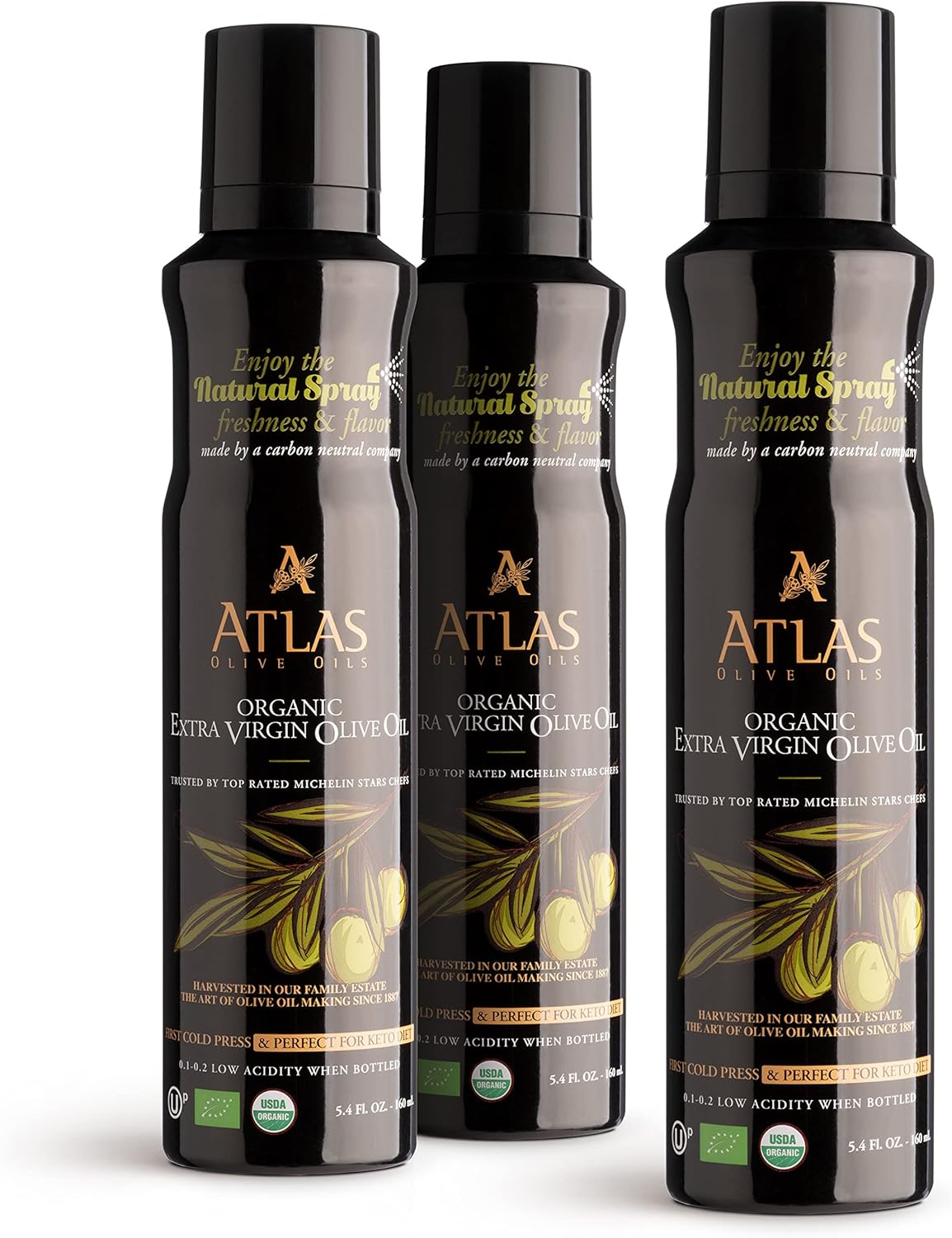 Olive Oil Spray by Atlas, Dual Function Olive Oil Cooking Spray and Stream, 5.4 fl oz, 3 Pack, Extra Virgin, Non Stick, Cold Pressed, Polyphenol Rich, Organic Moroccan EVOO, Hydroxytyrosol, Keto