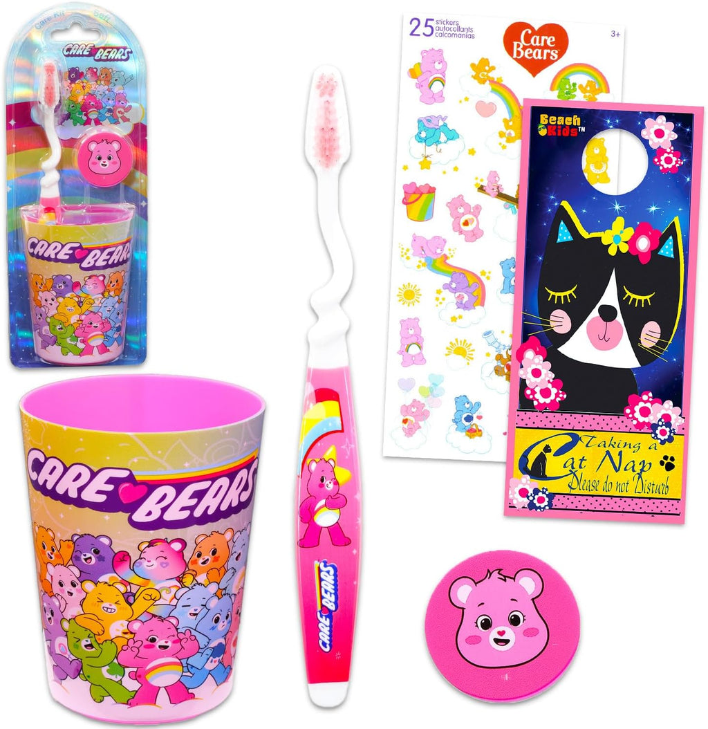 Care Bears Kids Toothbrush and Cup Kit - Official, Multicolor, Manual Toothbrush, Cup, Stickers, Cat Door Hanger, Ages 3+