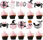 24 PCS Spooky Halloween Cupcake Toppers Pink Glitter Bat Pumpkin Spider Witch Ghost Boo Spooky Cupcake Picks for Halloween Theme Baby Shower Kids Birthday Party Cake Decorations Supplies
