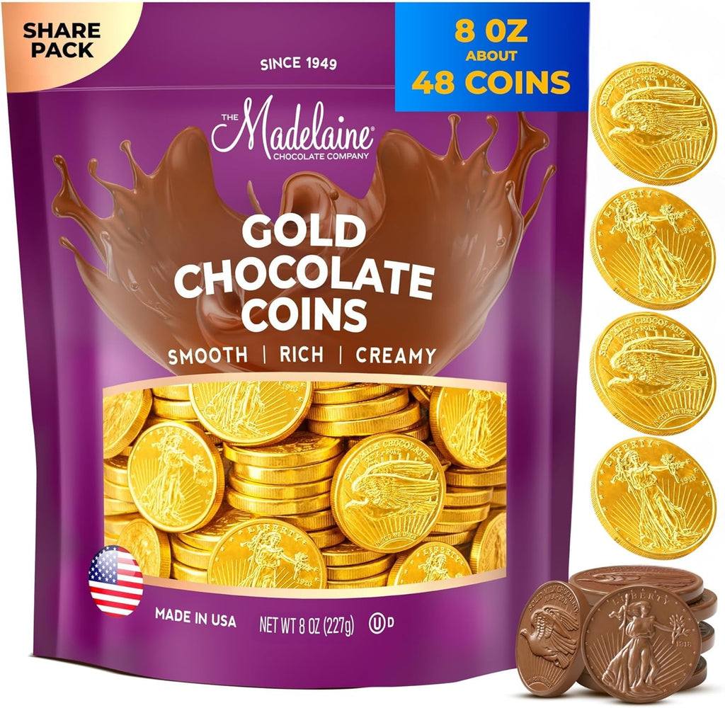 Madelaine Gold Chocolate Coins Easter Candy - About 48 Individually Wrapped Chocolate Gold Coins Easter Basket Stuffers and Decorations - Chocolate Candy Party Favors - 8 oz