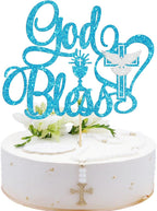 Ephlyn 1Pcs God Bless Cake Topper Glitter Dove Cross Christening First Communion Cake Pick Baptism Cake Decorations for Religious Theme Party Baby Shower Birthday Party SuppliesBlue