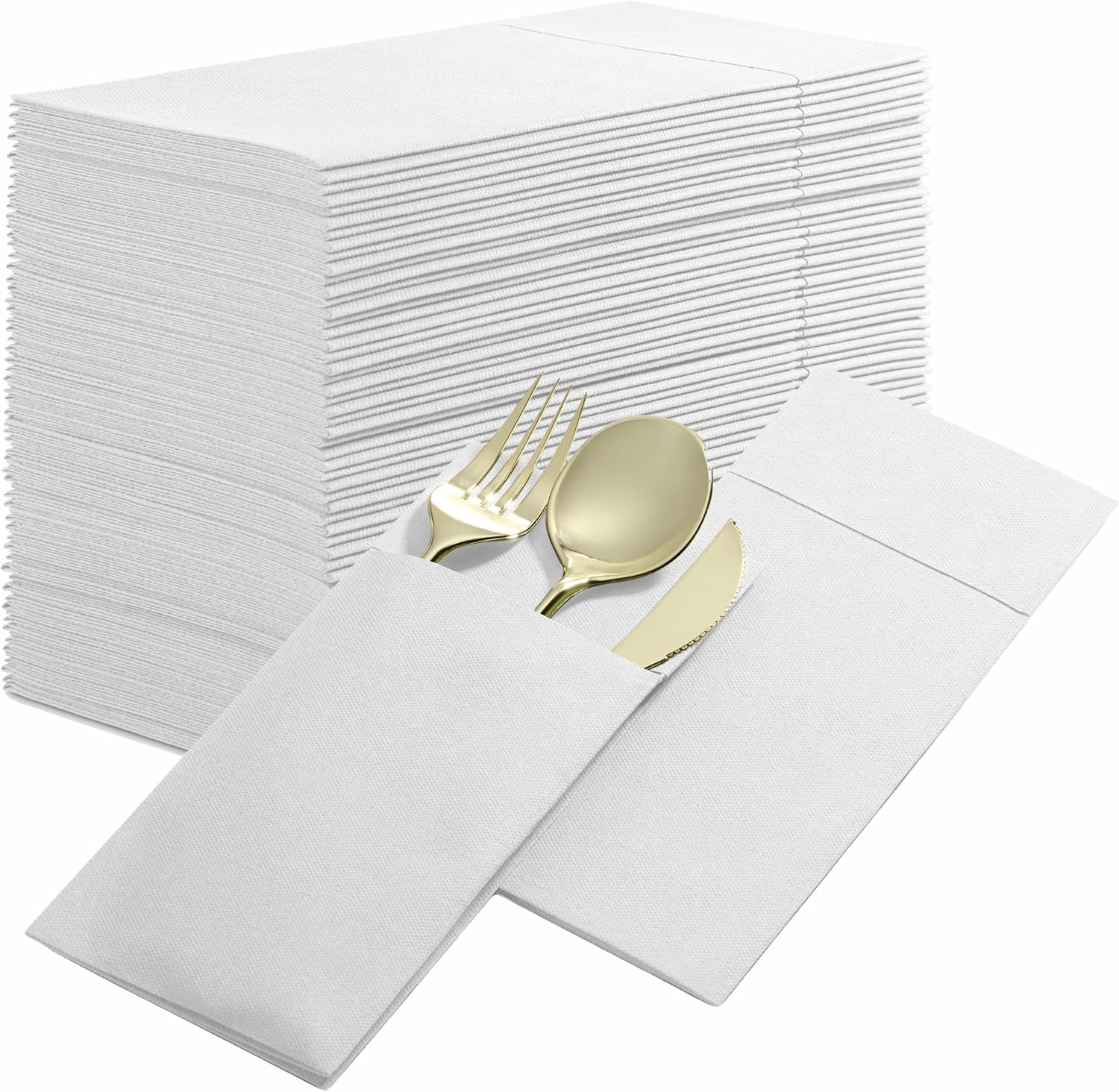 50-Pack Disposable Linen-Feel Dinner Napkins with Built-in Flatware Pocket, WHITE Prefolded Cloth Like Paper Napkins For Dinner, Wedding Or Party [Silverware NOT Included]