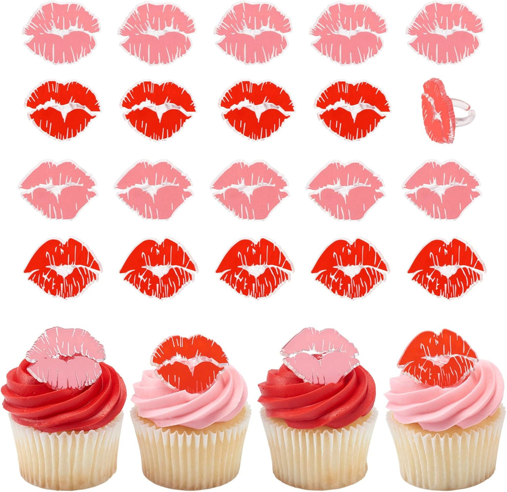 DecoPac Say It With Kisses Rings, 24 Red Lip Cupcake Decorations For Valentine's Day, Wedding, Engagement, Bachelorette, Anniversary, Food Safe Cake Toppers - 24 Pack