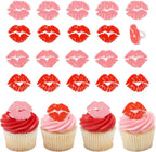 DecoPac Say It With Kisses Rings, 24 Red Lip Cupcake Decorations For Valentine's Day, Wedding, Engagement, Bachelorette, Anniversary, Food Safe Cake Toppers - 24 Pack