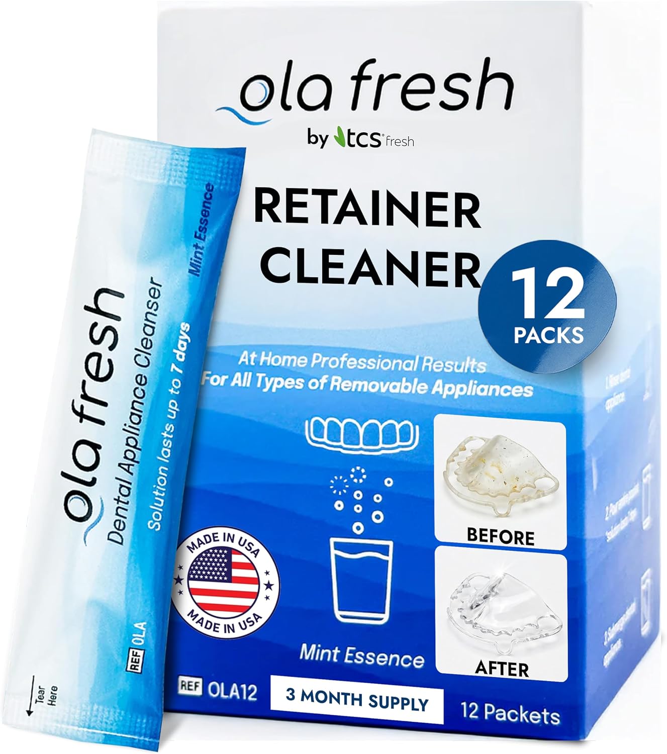 TCS Fresh Retainer Cleaner – Powder Solution for Denture, Aligner, Nightguard, Mouthguard & Retainer – Mint Essence Flavor, 12 Packets (3 Month Supply)