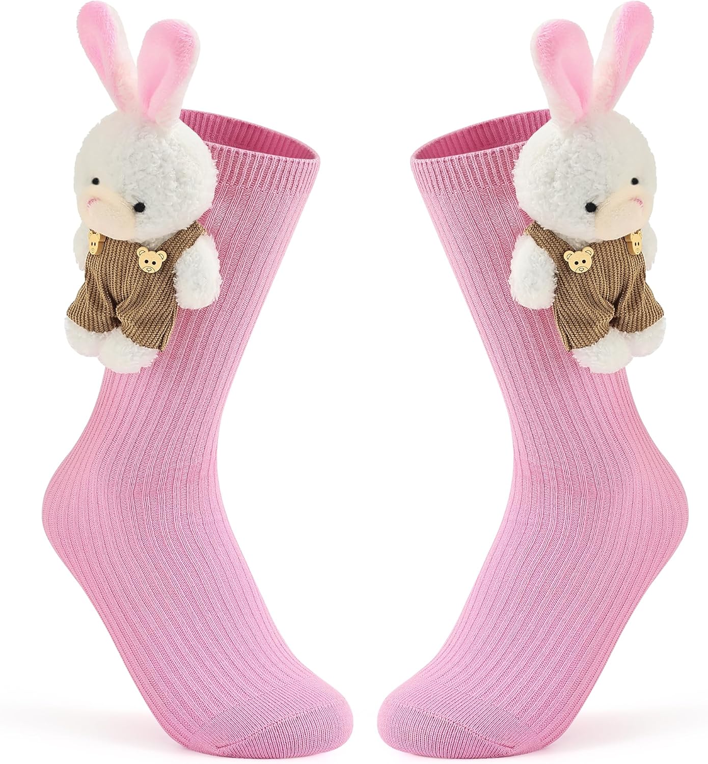 Jeasona Kids 3D Bear & Rabbit Crew Socks for Ages 3-8, Ribbed Knit with Removable Plush Charm
