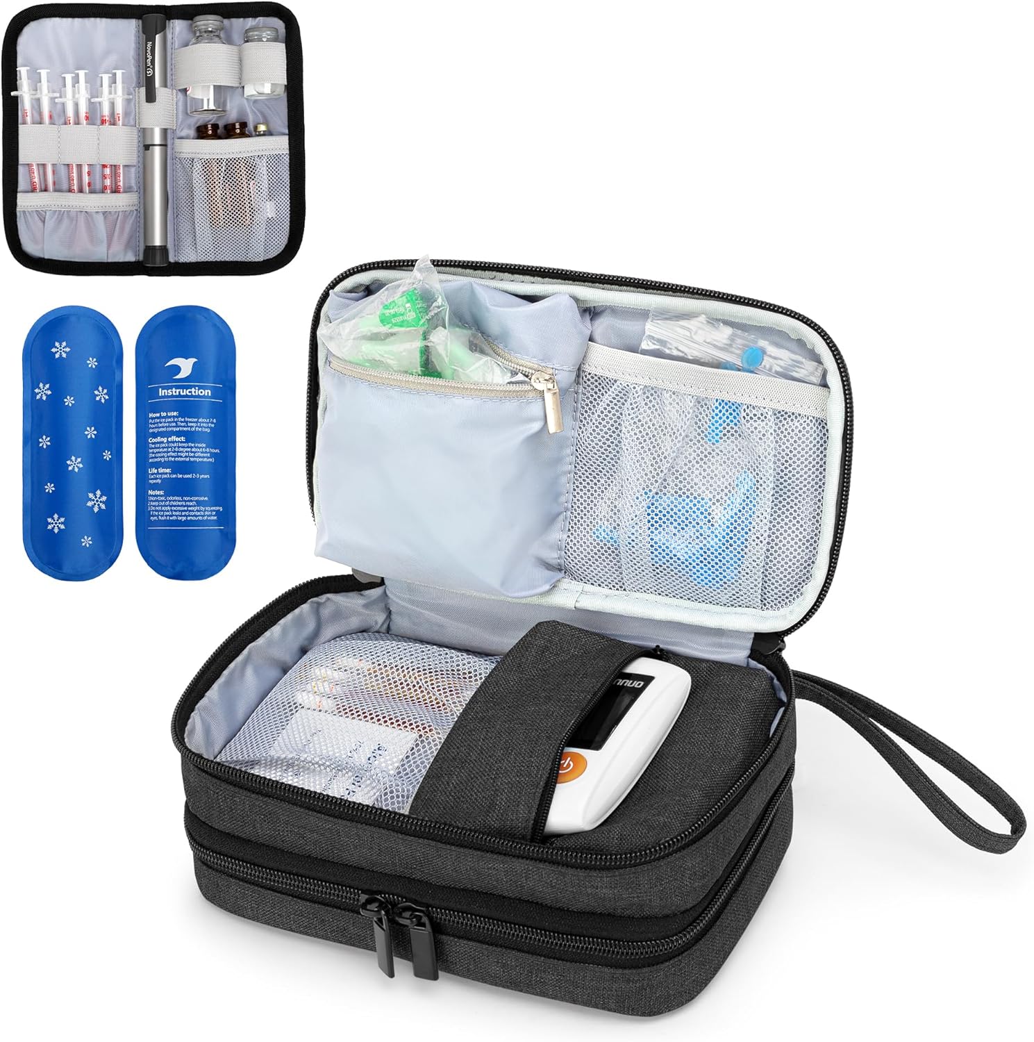 LUXJA Insulin Travel Case with 2 Ice Packs, Double Layer Diabetes Travel Case for Glucose Meter and Other Diabetic Supplies, Black