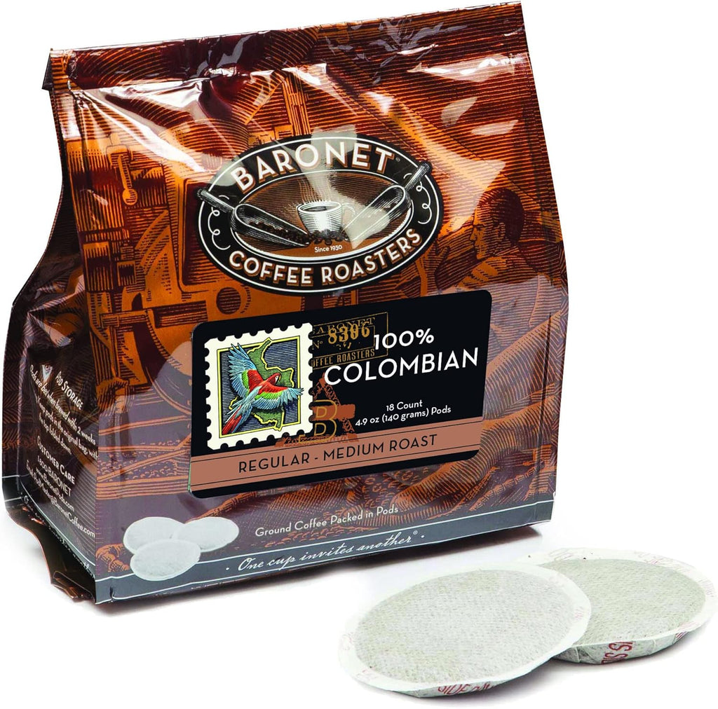 Baronet Coffee Pods [100% Colombian - 54 Pods] Single Cup Use for Senseo Coffee Machine - 3 Bags of 18 Single Serve 8 Gram, Regular Strength, Medium Roast [100% Colombian]