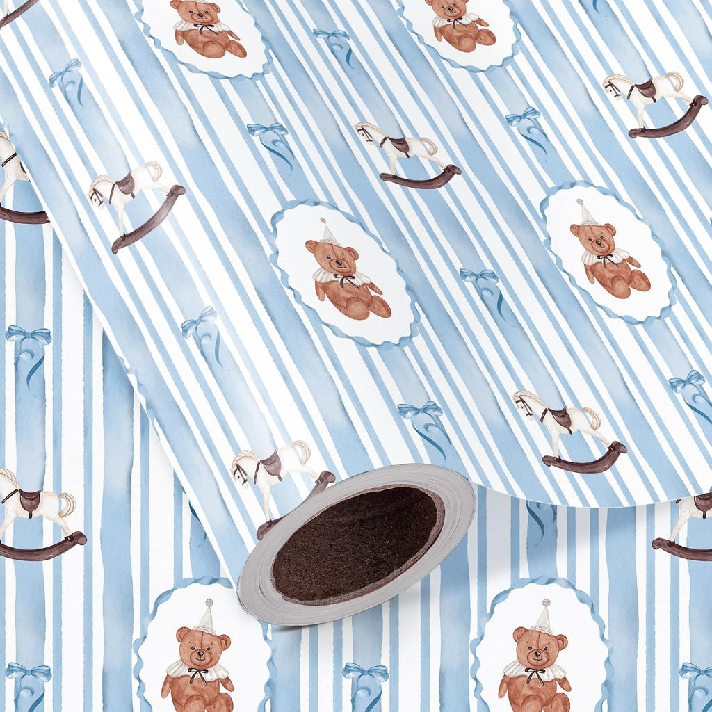 WRAPAHOLIC Bear Baby Boy Wrapping Paper Roll - Mini Roll - 17 Inch x 16.5 Feet - Teddy Bear, Toys and Blue Bow Wrapping Paper for Baby Shower, Newborn Celebration, Kids Birthdays, Gender Reveal